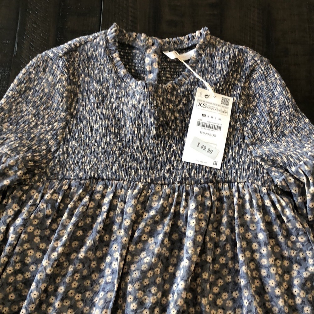 NEW Zara Mini Floral Smocked Romper Long Sleeve XS Built-in Shorts Mini Dress - Picture 5 of 16